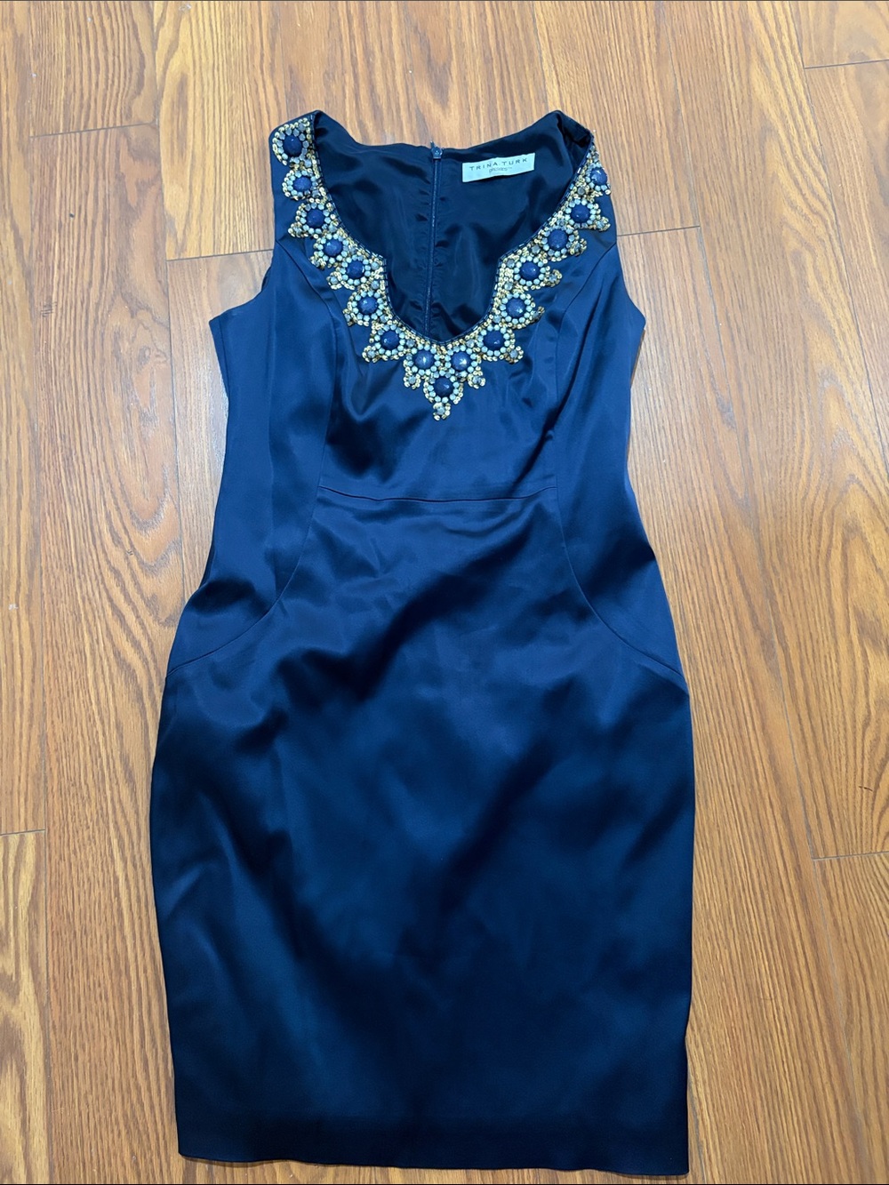 Trina Turk Navy Dress with Gold & Blue Beaded Neckline